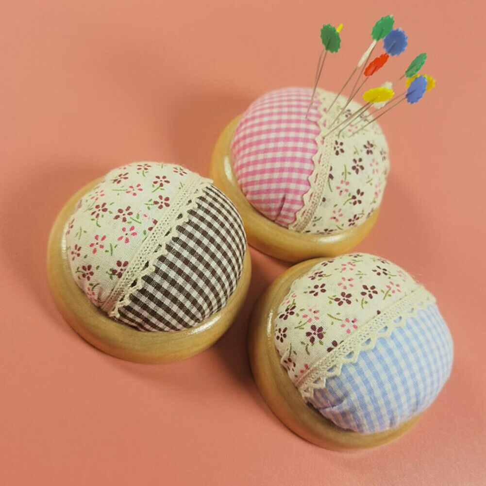 Splicing Pastoral Round Pin Cushion Wood Base Fabric Needle Storage Holder