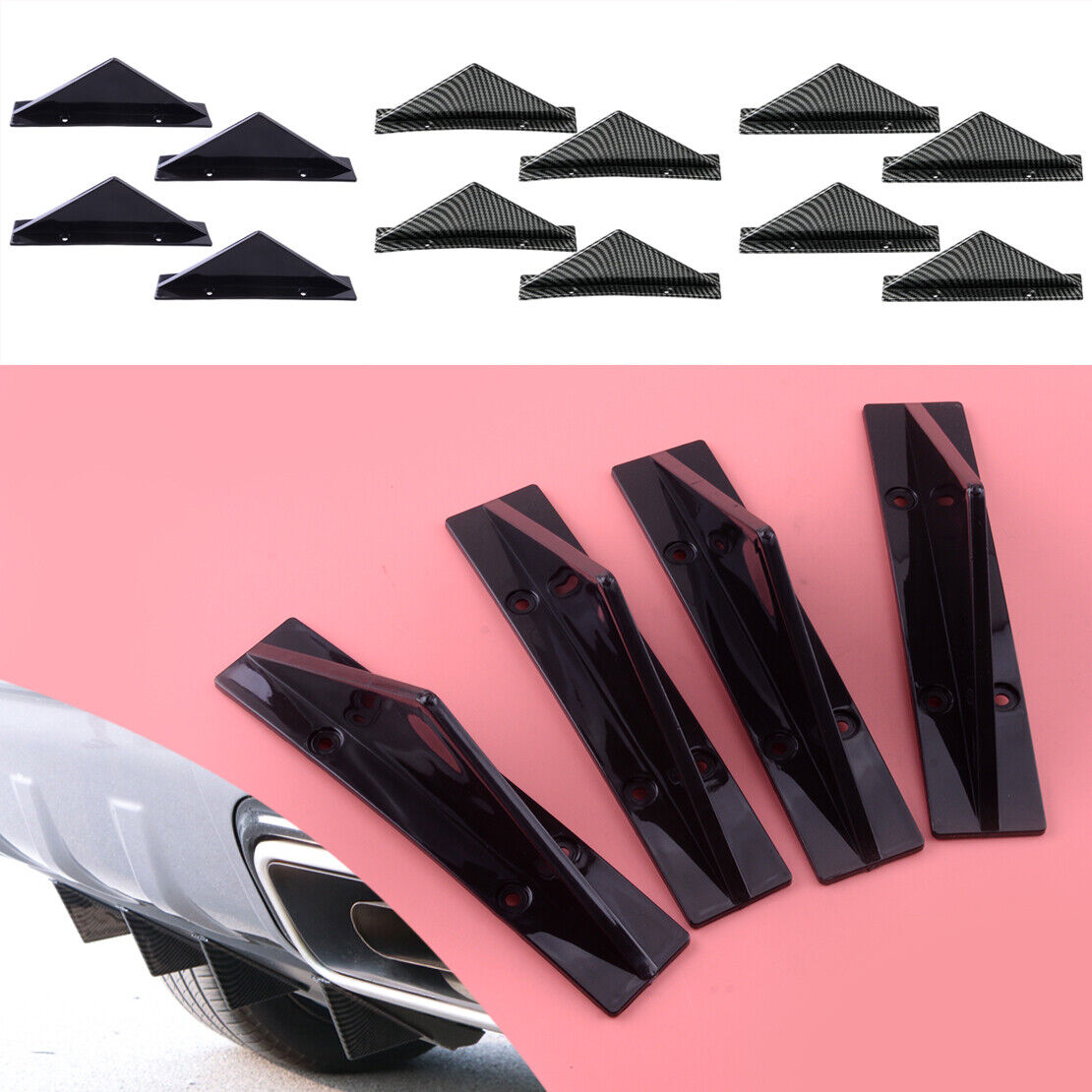 4x Universal Rear Bumper Diffuser Spoiler Lip Splitter Shark Fin Trim Cap Acc