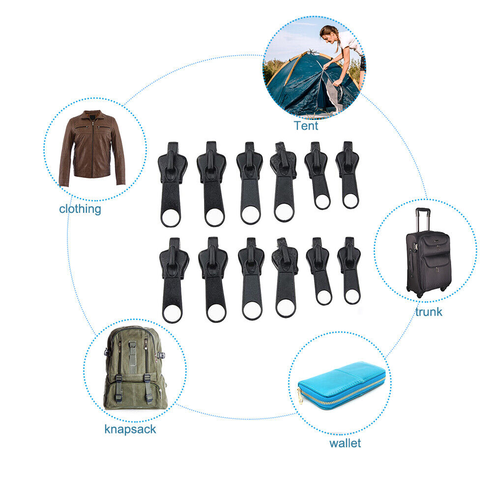 12pcs Zipper Slider for Tent Clothes Sleeping Bag Zip Replacement (Black)