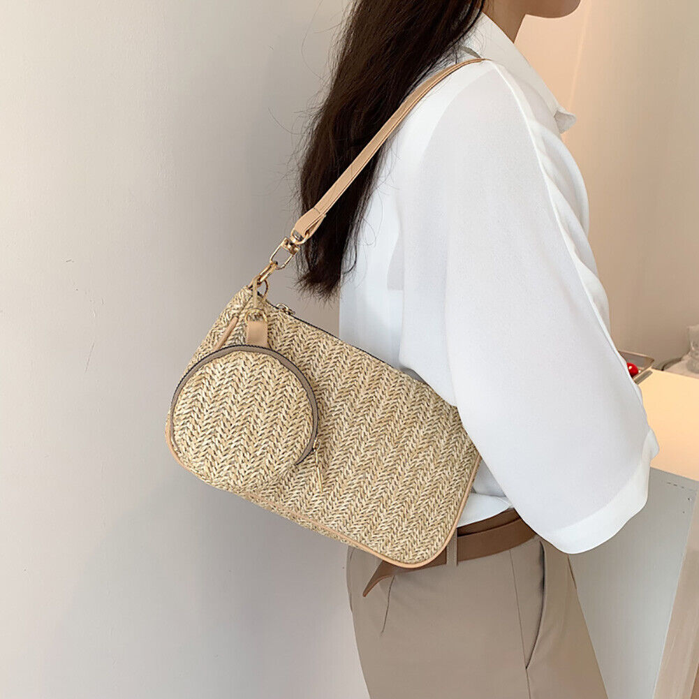 Fashion Woven Straw Shoulder Underarm Bags Totes Handbag with Small Purse