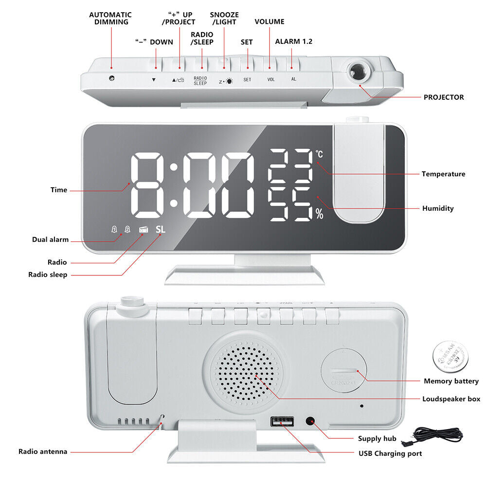 Digital FM Radio Projection Alarm Clock Smart LED Electric Desk Watch (C)