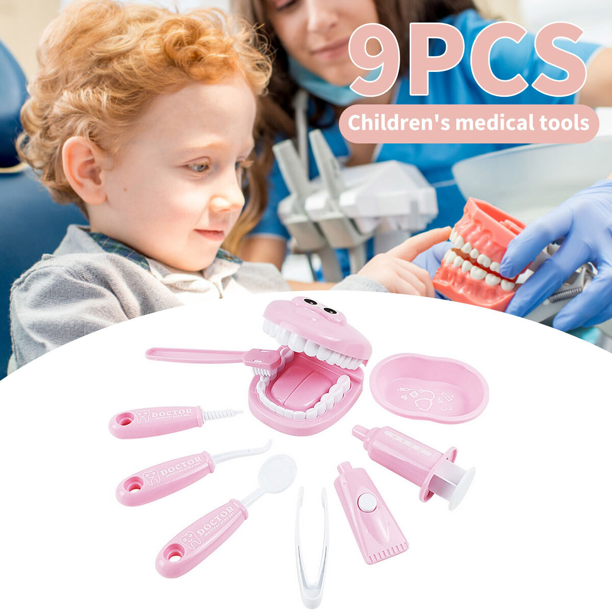Dentist Kit Pretend Play Doctor Playset for Toddlers 9pcs Ages 3+ (Pink)