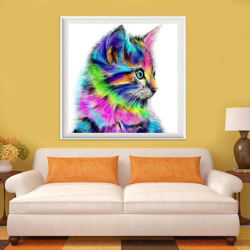 5D DIY Round Drill Diamond Painting Colorful Cat Cross Stitch Embroidery