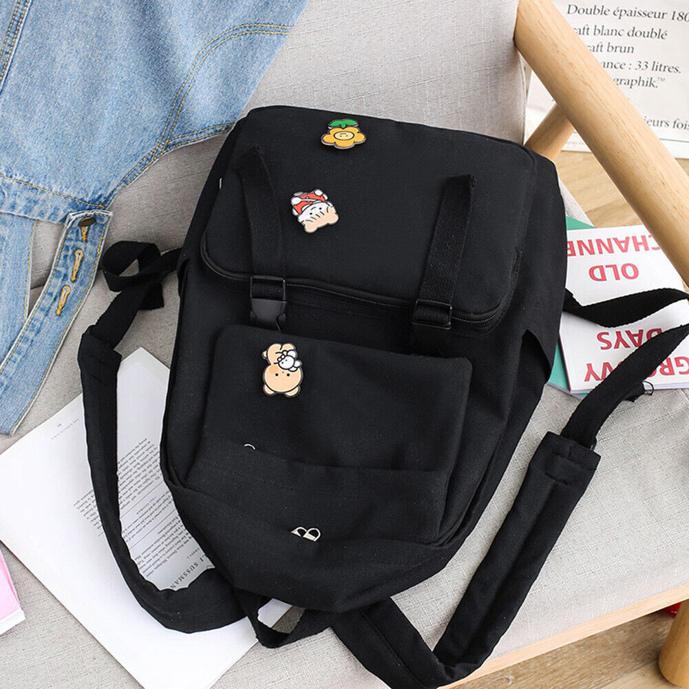 Women Men Canvas Backpack with Badges Travel College Student School Bags