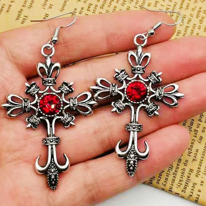 Gothic Punk Cross Earrings Hip Hop Rock Red Oil Drip Crystal Drop Earrings Gifts