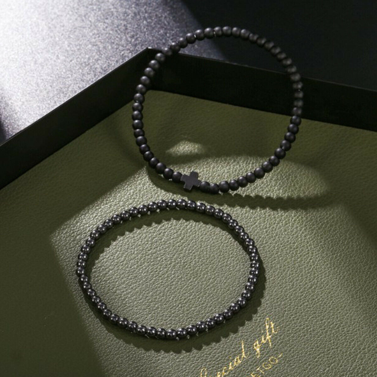 2pcs/set Cross Cooper Bead Bracelet Men Matte Lava Volcanic Stone Jewelry Gift