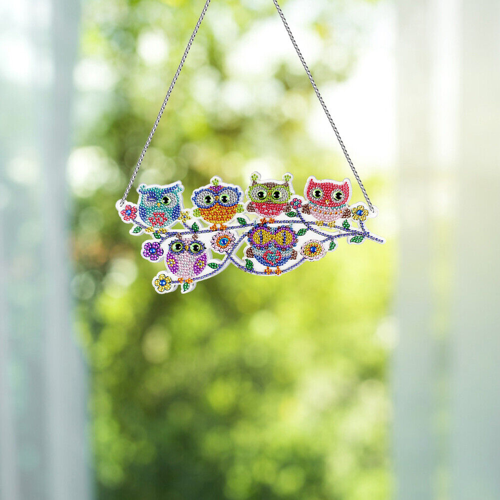 DIY Applique Diamond Wall Hanging Acrylic Door Window Pendant (6 Cute Owls)