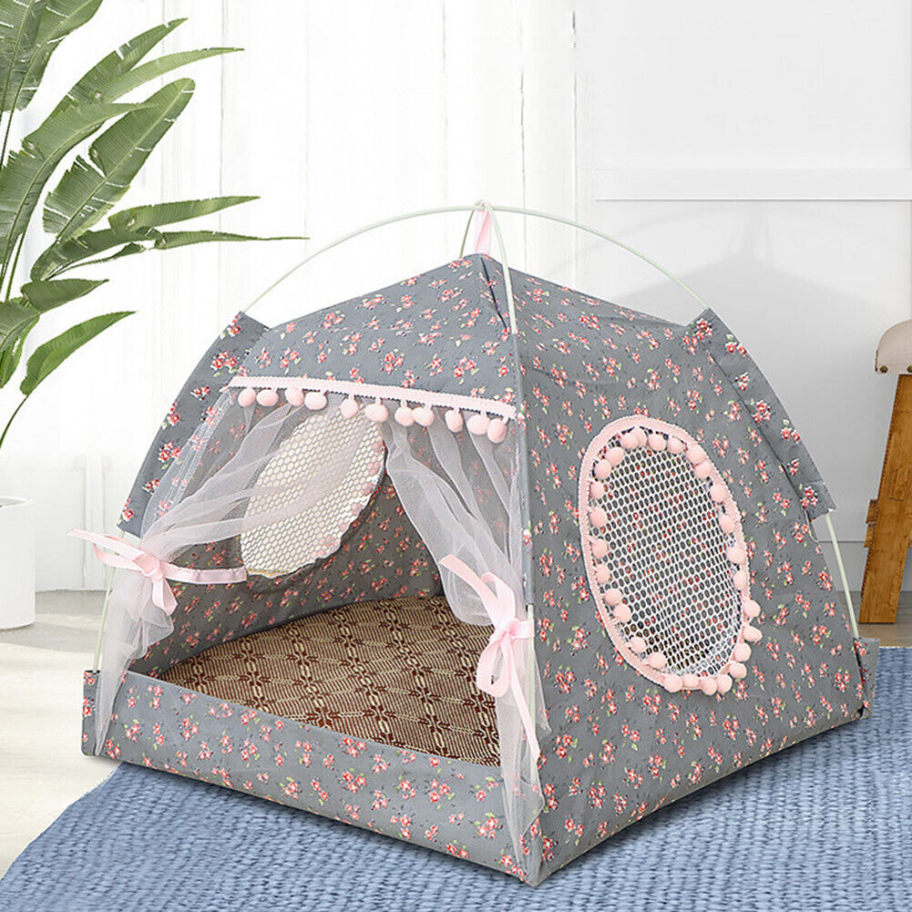 Dog Bed Cat Tent House Mat Puppy Kennel Cushion Pet Pad Supply (Grey M)