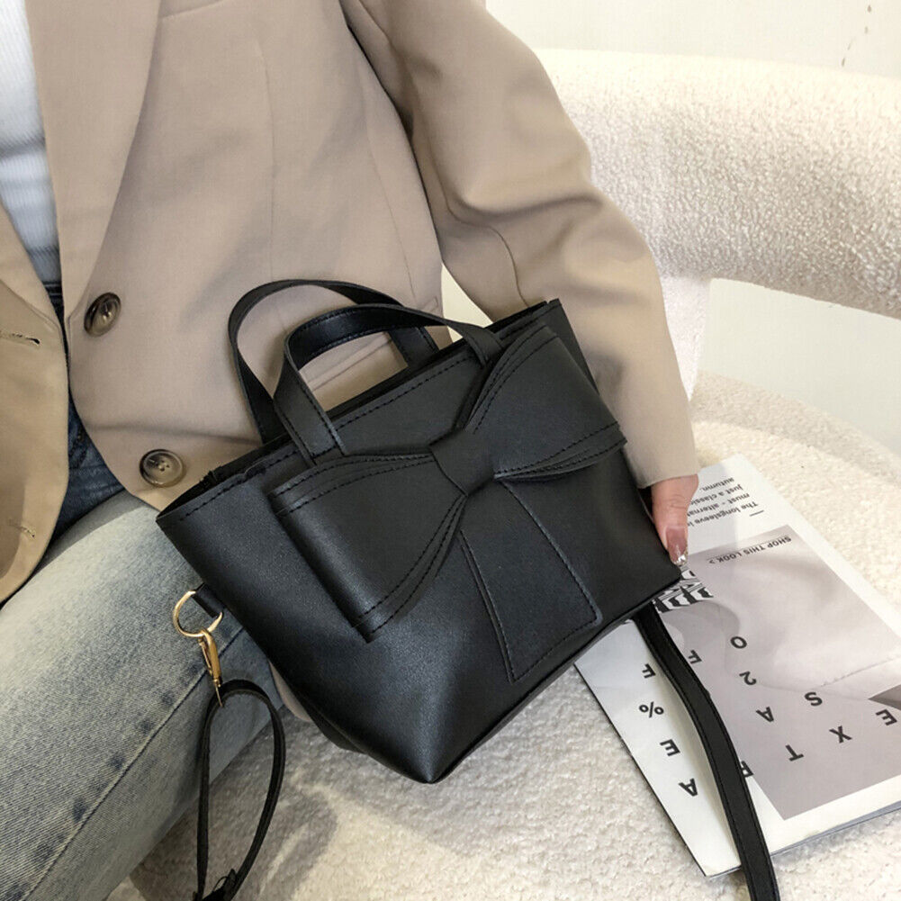 PU Leather Bowknot Bucket Shoulder Bag Women Leisure Large Handbag (Black)