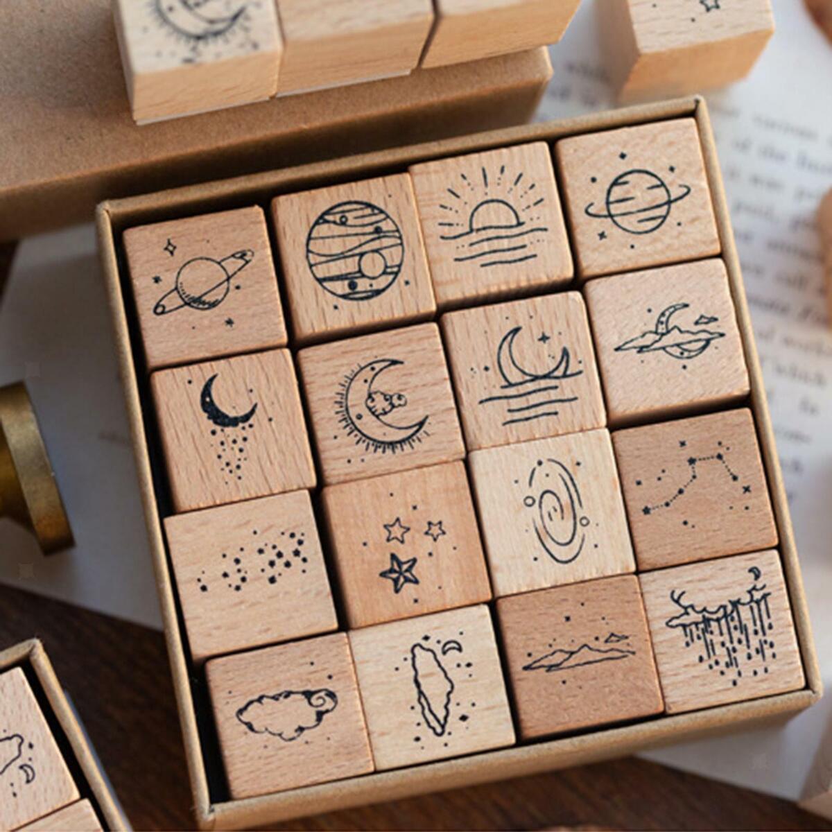 16Pcs Wooden Rubber Stamp Set DIY  Art Crafts Decorative Planner