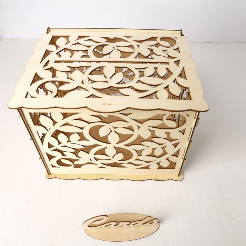 DIY Wedding Gift Leaf Wooden Card Money Box Case With Lock Rustic Beautiful