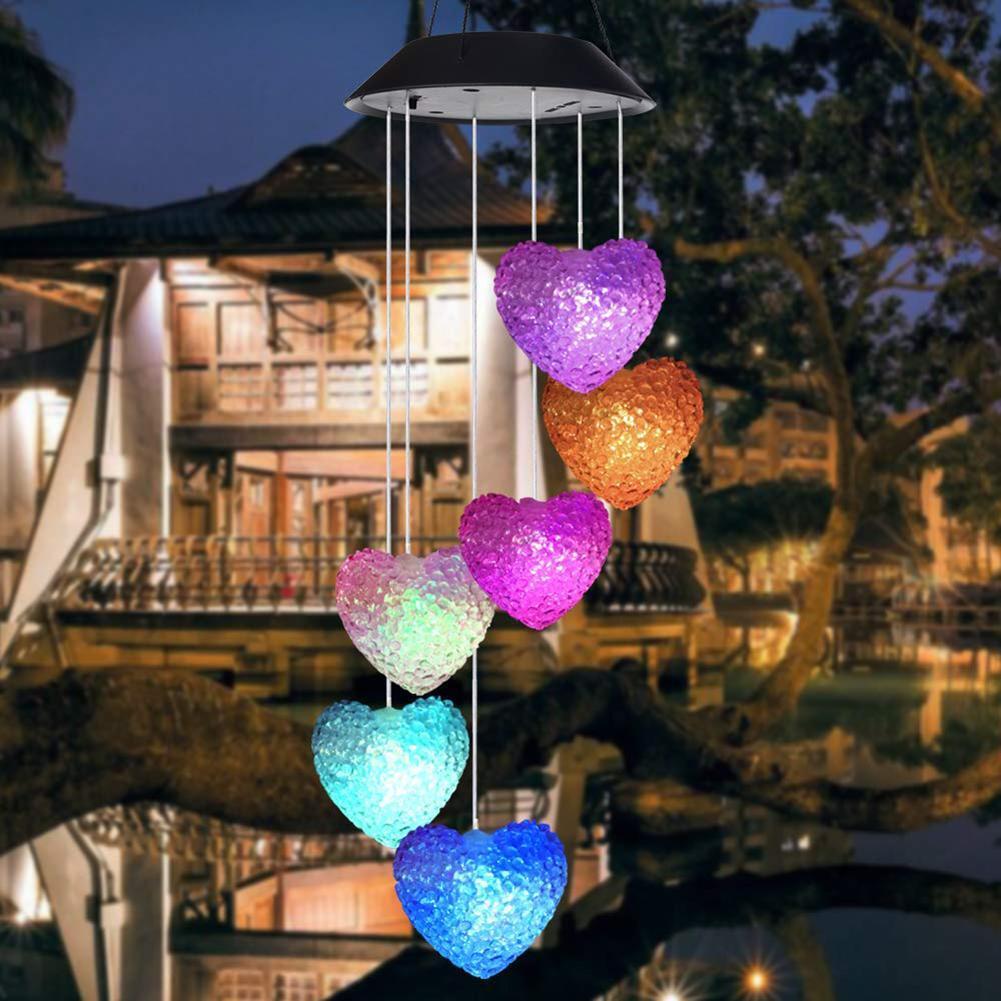 6LED Colorful Love Heart Wind Chime Lamp Solar Powered Garden Hanging Lamp