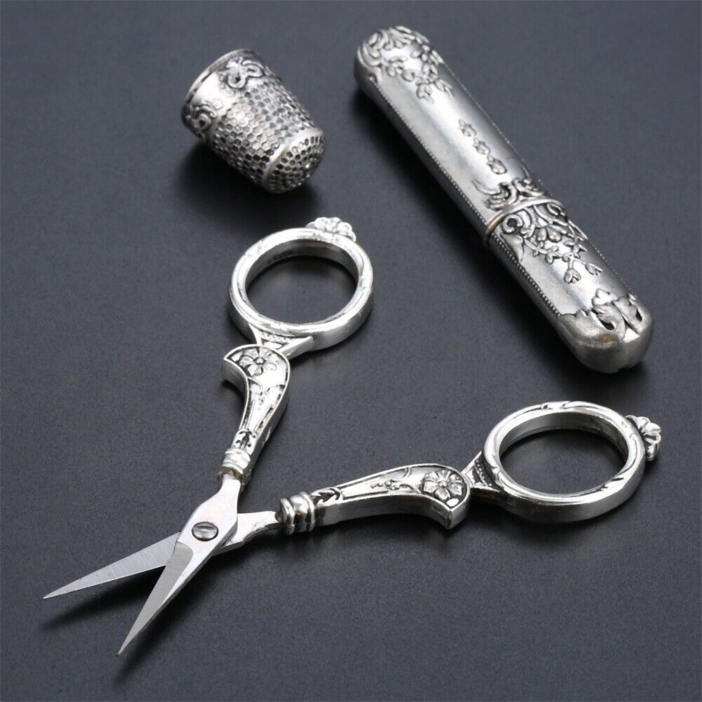 Exquisitely Carved Scissors Thimble Needle Case Embroidery Sewing Tool 3Pc/Set
