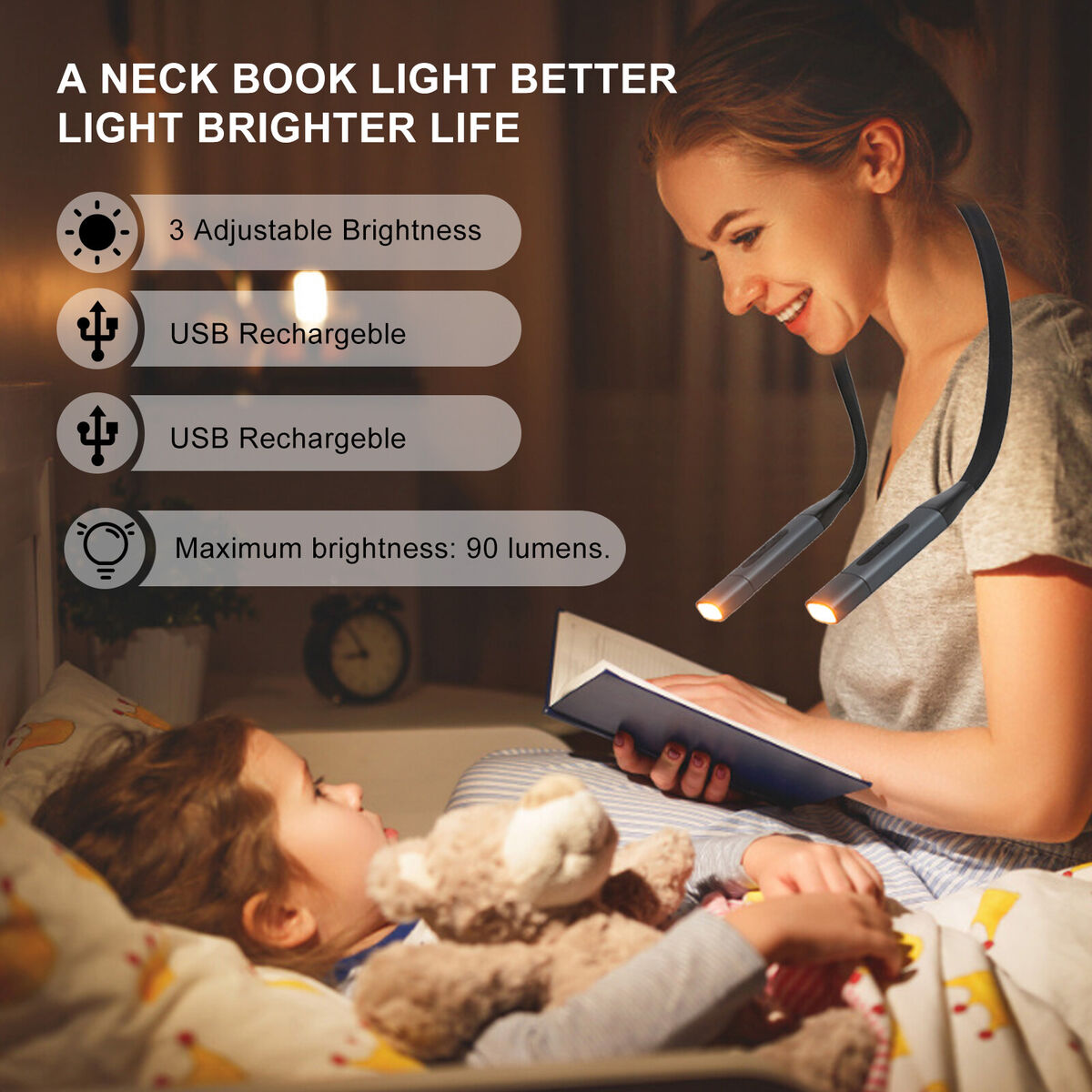 Neck Reading Light - 3 Colors 8 LED Book Light for Reading in Bed Running