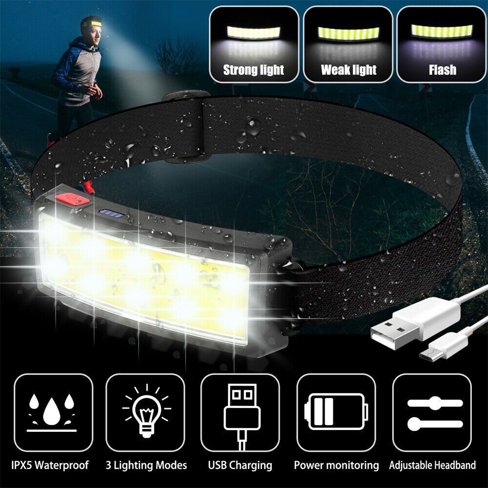 USB Rechargeable Camping LED Headlamp Head Torch COB Headlight Fishing Light