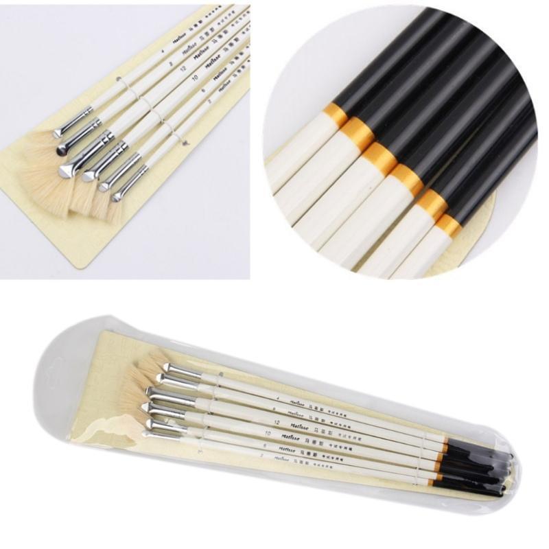 6pcs Set Fan Shape Pig Bristles Oil Painting Brush Wood Rod Oil Painting Brush