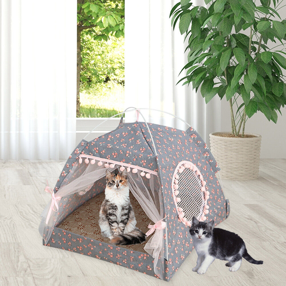 Dog Bed Cat Tent House Mat Puppy Kennel Cushion Pet Pad Supply (Grey M)