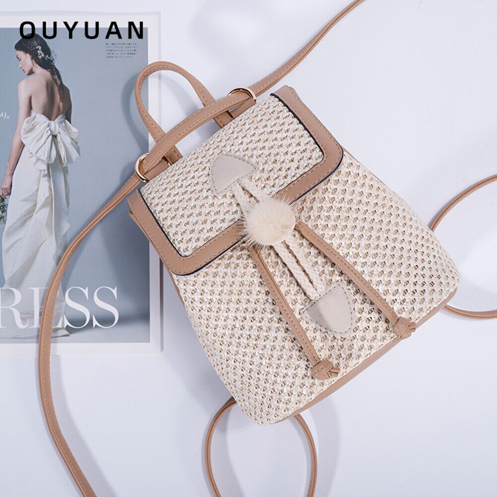 Straw Woven Backpack Beach Women Fashion Leather Pompom Travel Shoulder Bag