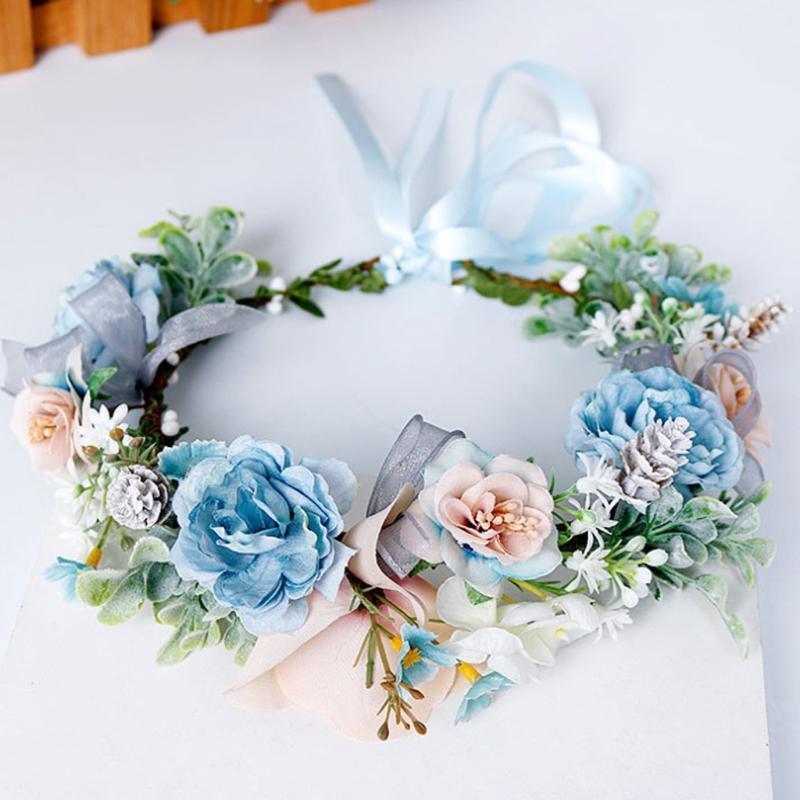 Bride Blue Flower Crown Hairband Wedding Floral Headband Garland Hair Accessory