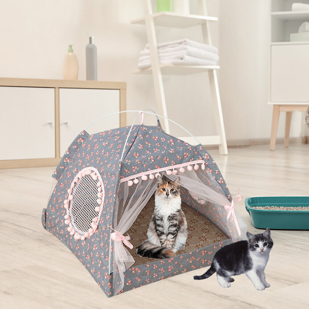 Dog Bed Cat Tent House Mat Puppy Kennel Cushion Pet Pad Supply (Grey M)