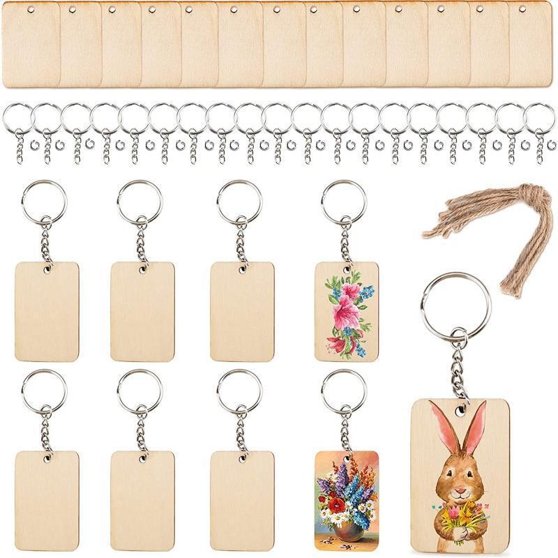 Blank Rectangle Shaped Wooden Keychain Set of 120 Unfinished Wood Chip Key Rings