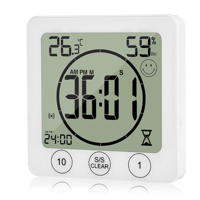 LCD Bathroom Wall Clock Temperature Humidity Countdown Waterproof Shower Timer