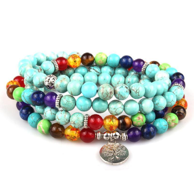 8mm Turquoise Healing 108 Mala Beads Tree of Life Necklace Yoga Wrap Bracelet