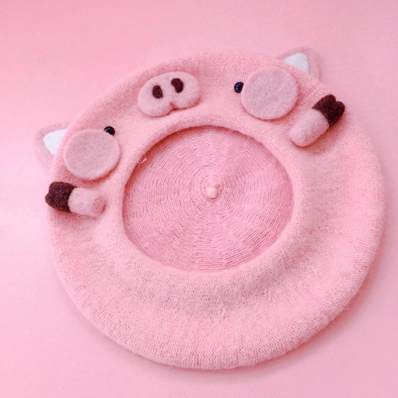 Lovely Pink Piggy Beret Octagonal Hat Wool Beret All-match for Valentine's Day