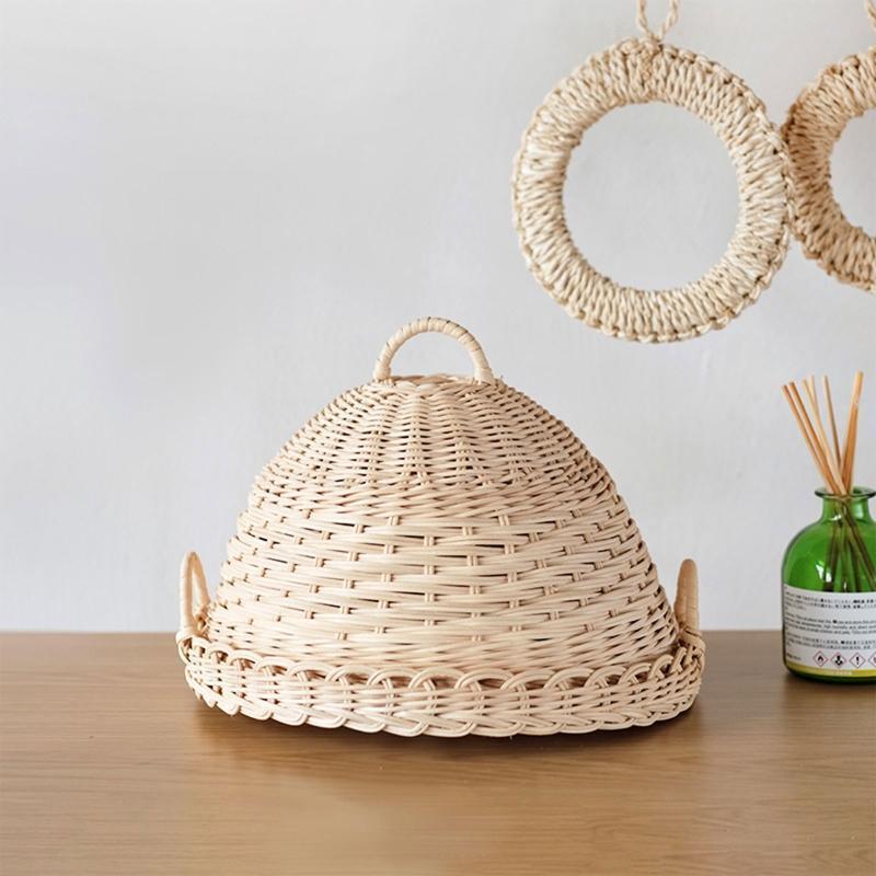 Handmade Woven Rattan Storage Tray with Cover Round Food Basket Display Case