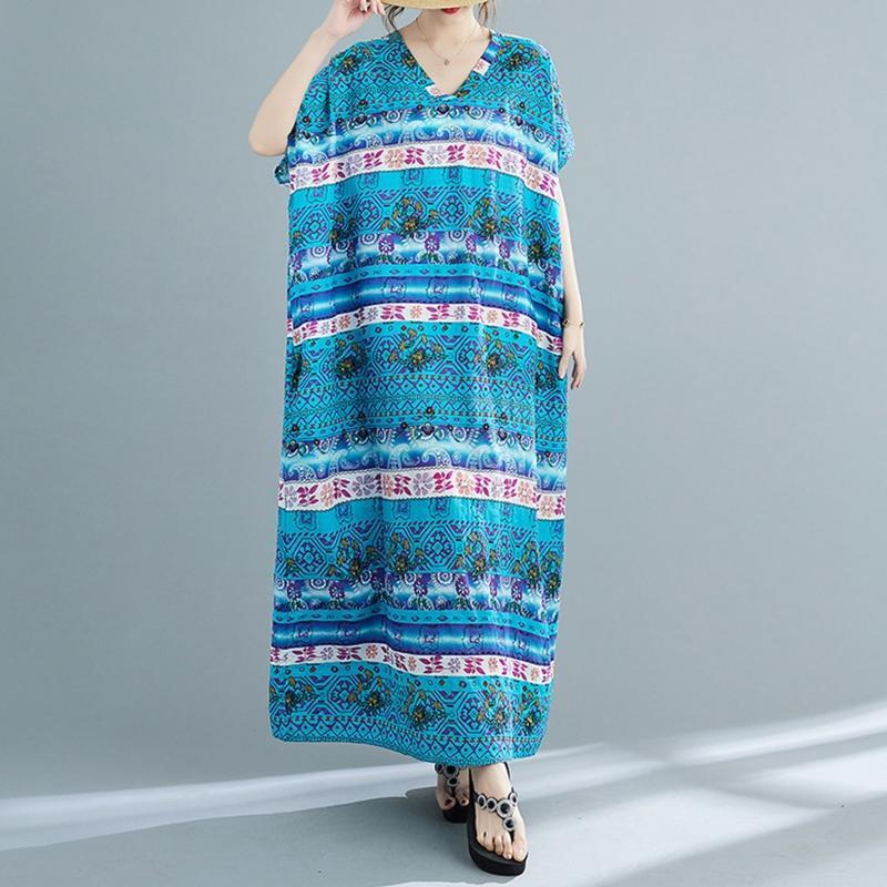Women Short Sleeve Kaftan Dress Floral V-Neck Loose Maxi Robe Swimsuit Cover Up