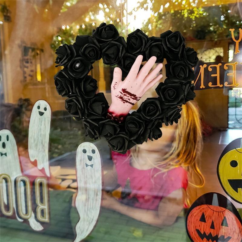 Black Halloween Wreath Heart Wreath Door Wreath with Bloodstain Hand Rose Decor