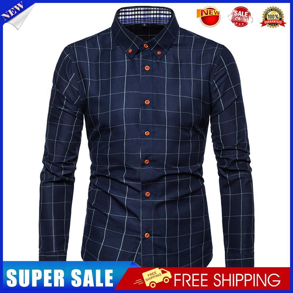 Men Plaid Cotton Shirts Spring Casual Youth Shirt Lapel Blouse (Blue)(4XL)