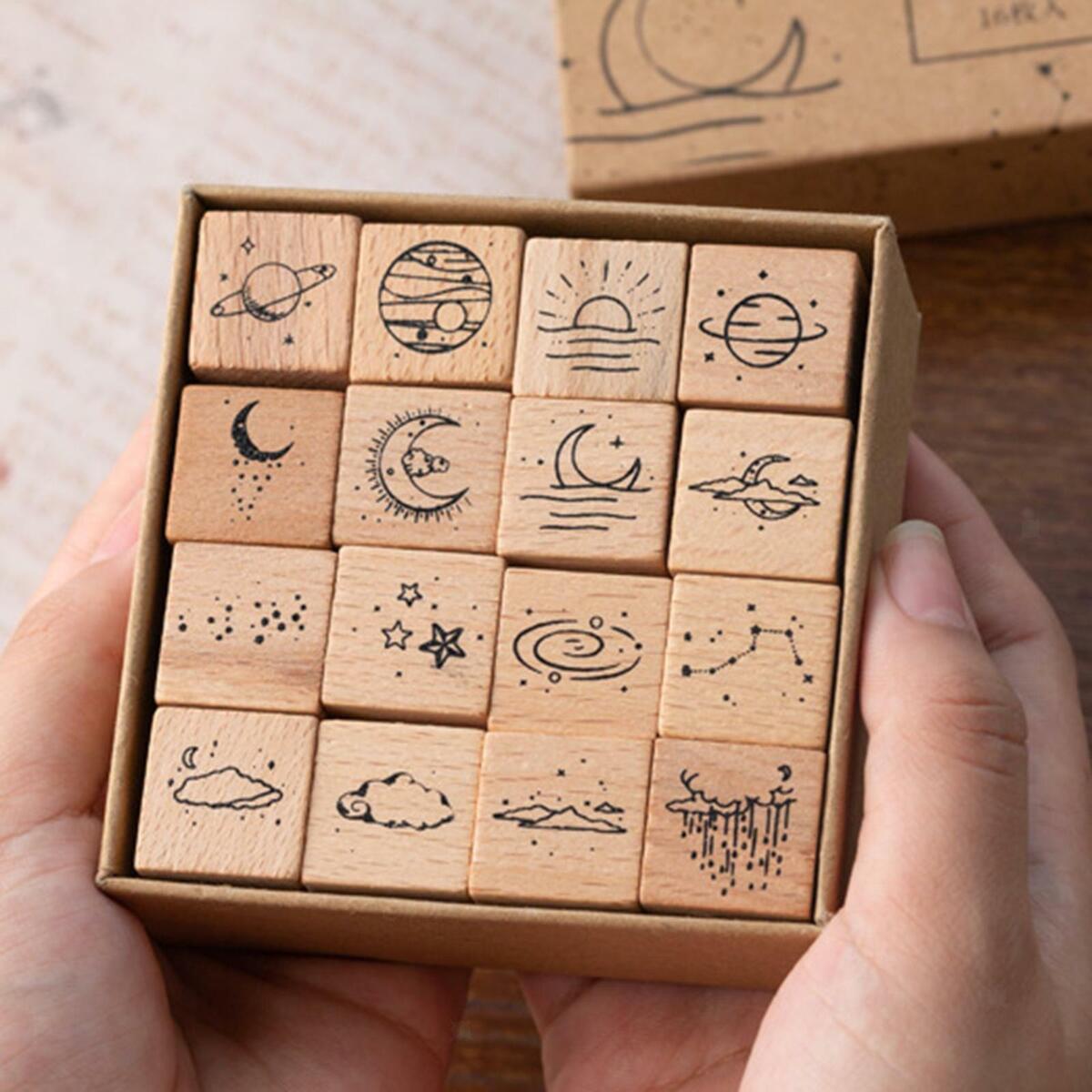16Pcs Wooden Rubber Stamp Set DIY  Art Crafts Decorative Planner