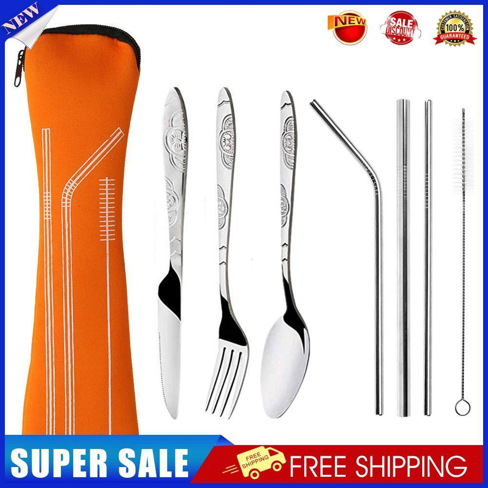8pcs Portable Stainless Steel Tableware Dinnerware Travel Camp Cutlery (C)