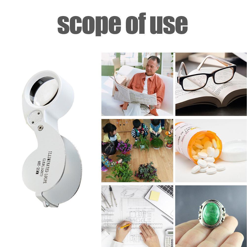 40x 25mm Handheld Folding Jewelry Optical Glass Loupe Magnifier w/LED Light