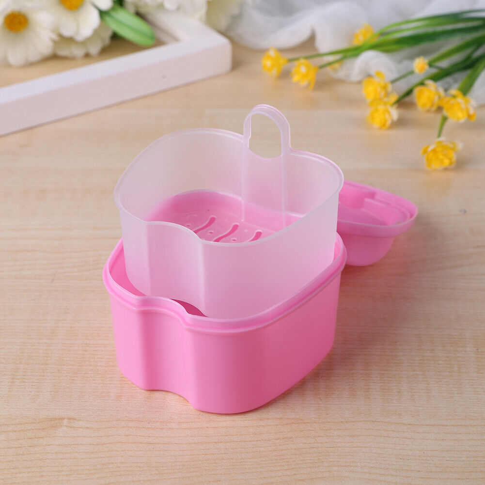 Dental False Teeth Storage Box with Hanging Net Container Organizer (Pink)