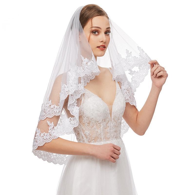 Bridal Veil with Comb 2 Tier Lace Applique Easy to Wear Elbow Length Sheer Tulle