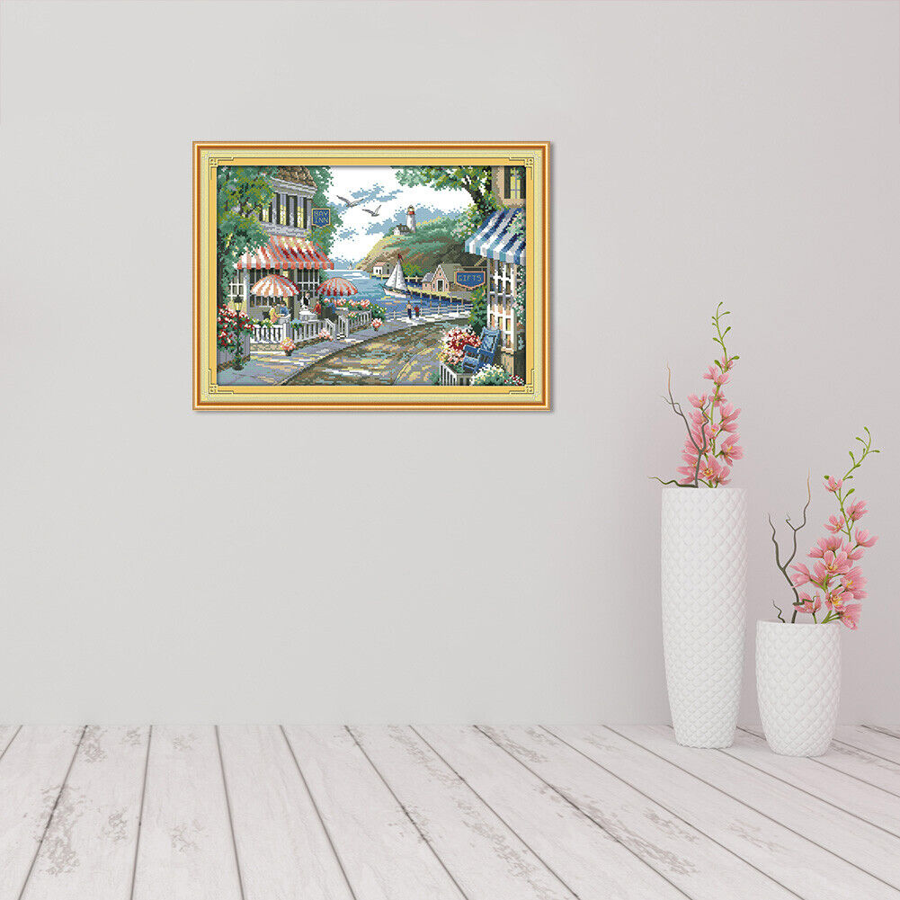 14CT Stamp Print Canvas Cross Stitch Kit DIY Needlework (F645 Seaside Cafe)