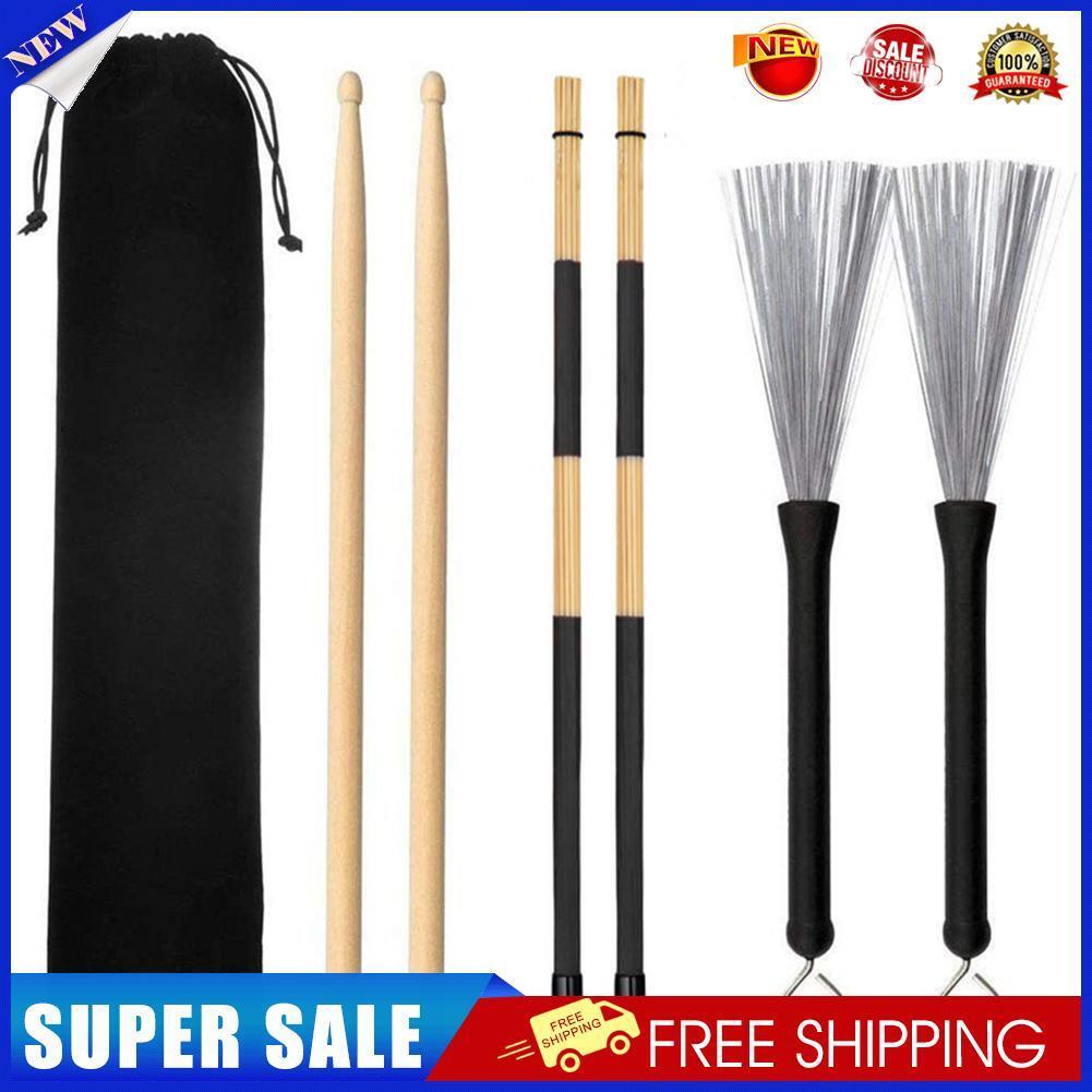 6x Drum Sticks Wood Drumsticks Wire Brush w/Carry Bag Percussion Instrument