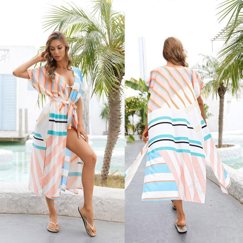 Women Beach Short Sleeve Cover Up Multicolor Striped Belted Long Kimono Cardigan