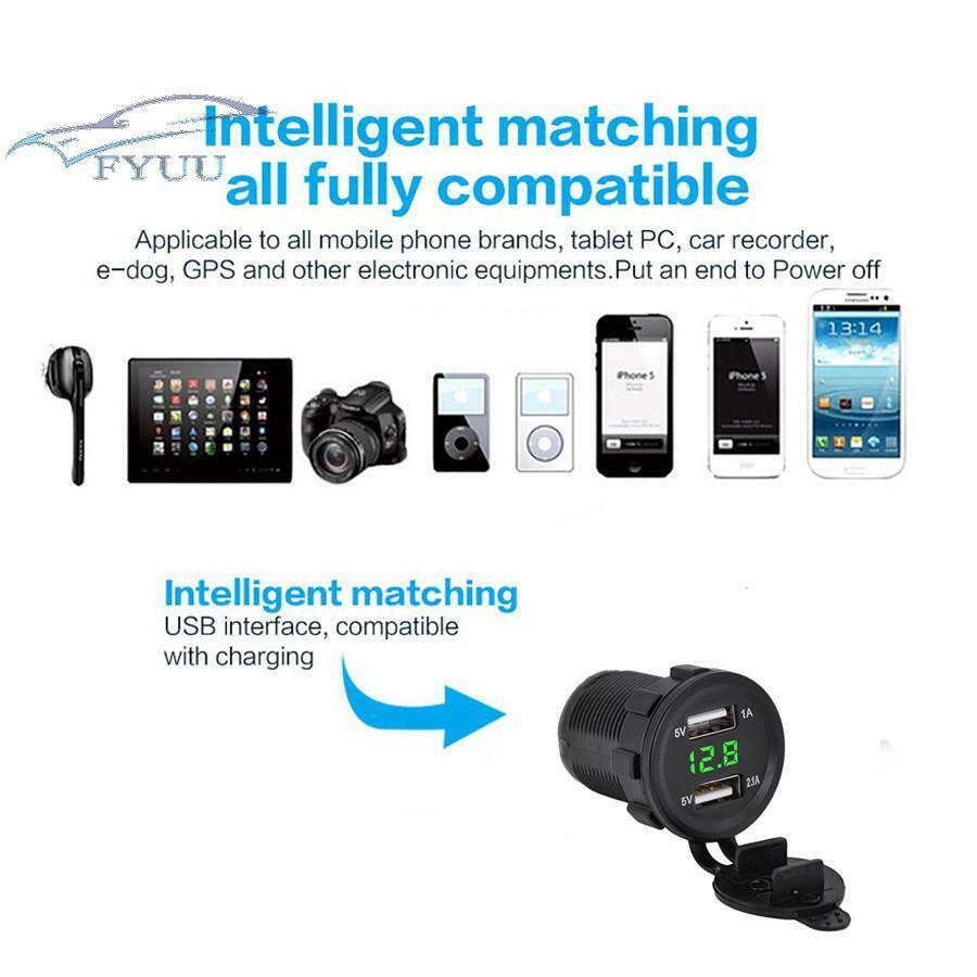 Car Motorcycle Green LED Light Voltage Voltmeter 3.1A Dual USB Charger Socket
