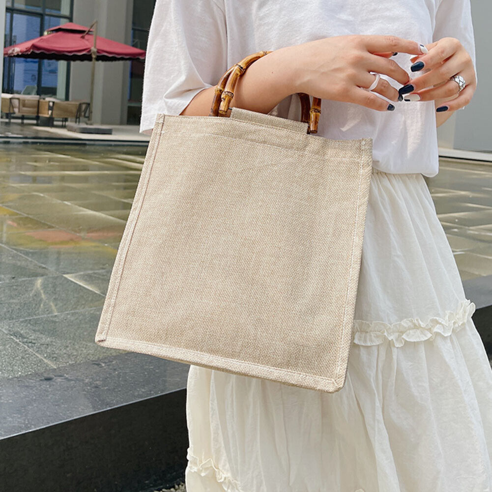 Women Bamboo Linen Shopping Tote Bags Casual Ladies Solid Large Handbag (B)