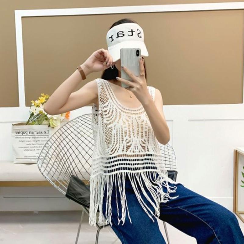 Women Hollow Crochet Lace Boho Sleeveless Vest Sheer Long Tassel Tank Top Blouse