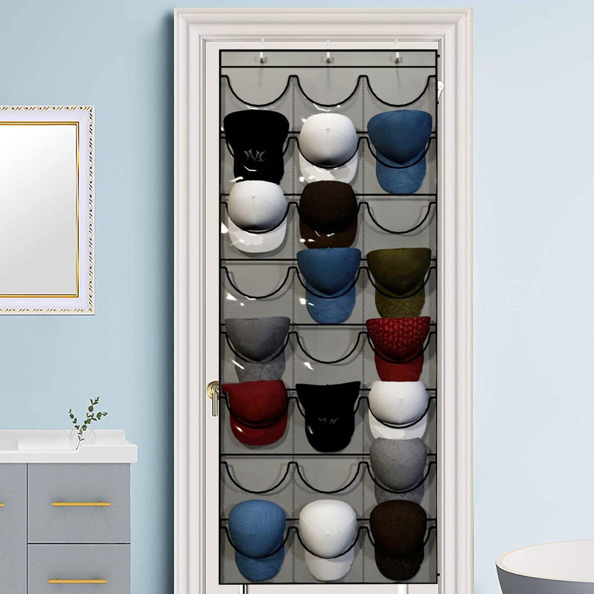 Baseball Hat Rack 24 Clear Hanging Over The Door to Protect Cap (Grey)