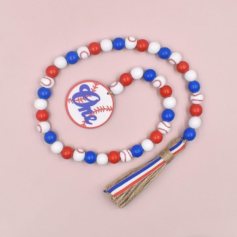 Wood Bead Garland with Tassels Baseball Tag Blue Red and White Sports Theme