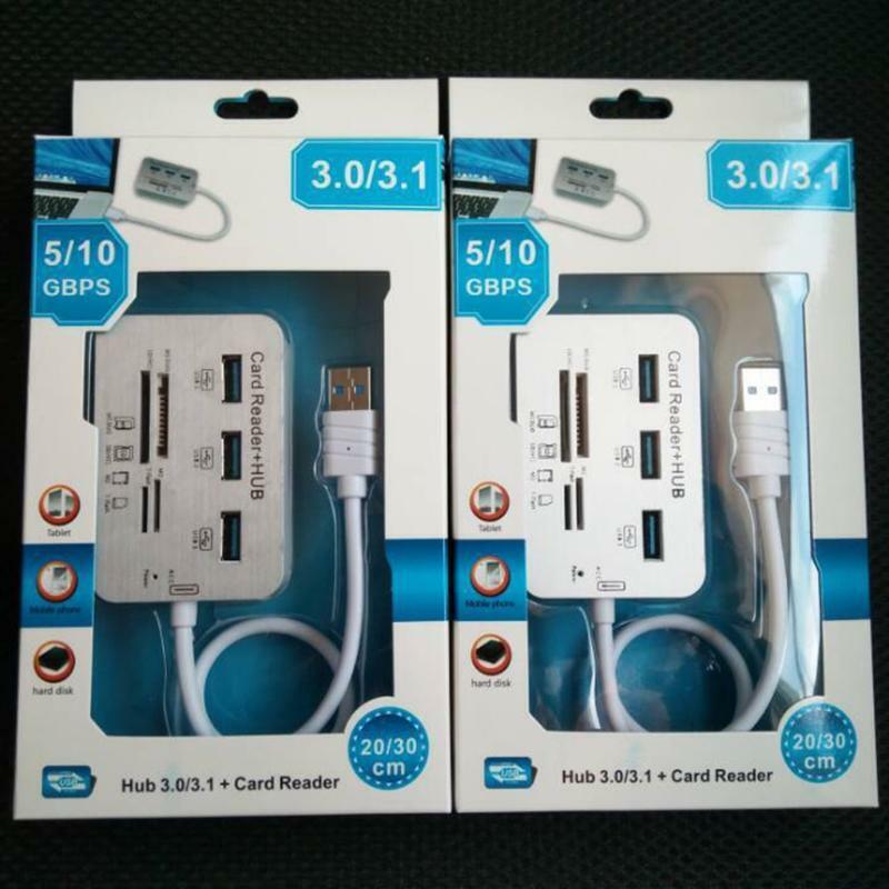 3 Ports 3.0 USB HUB Combo Mini Portable USB Splitter with High Speed Card Reader