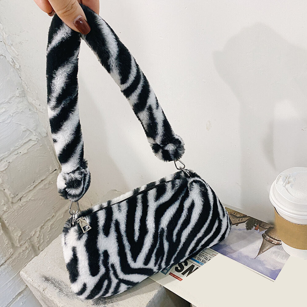 Portable Plush Shoulder Handbag Women Animal Print Underarm Bag Purse (4)