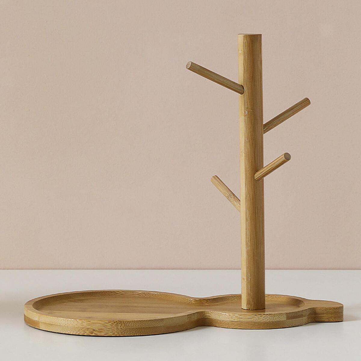 Wooden Tree Cup Holder with 4 Hooks Jewelry Hair Tie Organizer Dish Drying Rack