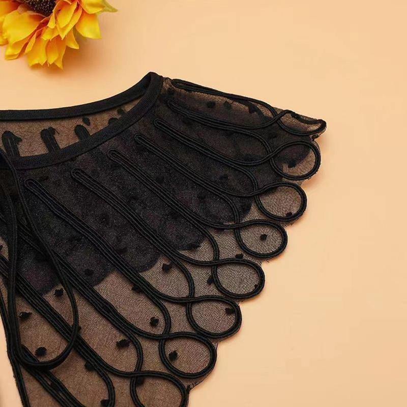 Women Emboridery Twist Striped Dot Collar Sheer Shawl Shrug Lace-Up Scarf Cape