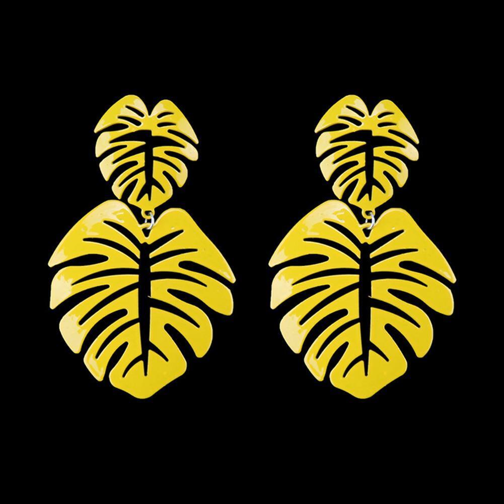 Hollowed Leaf Dangle Ear Stud Elegant Women Drop Earrings Jewelry (Yellow)